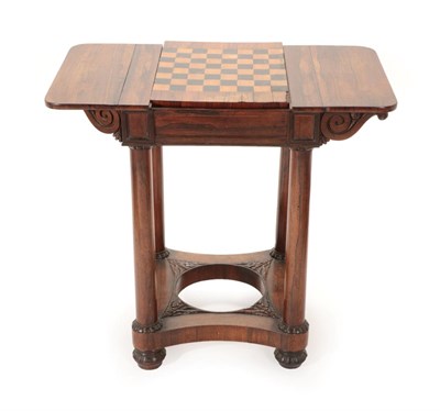 Lot 1772 - ~ A William IV Rosewood Games Table, circa 1835, with chequerboard inlaid dropleaf top above column