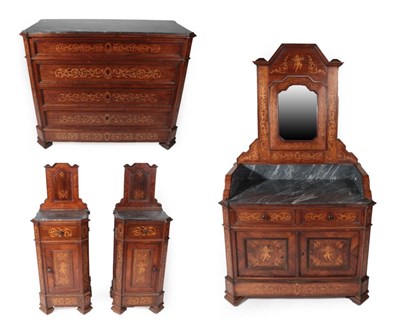 Lot 1782 - A Mid 19th Century Italian Rosewood, Marquetry and Marble Top Four Piece Bedroom Suite,...