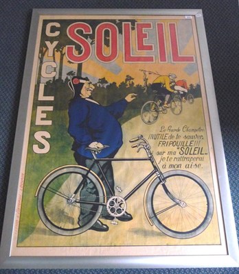 Lot 1819 - A French Advertising Poster for Soleil  Cycles, lithographed in colours, featuring a man waving...