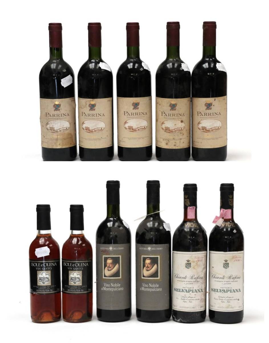 Lot 2094 - La Parrina Parrina Riserva 1988 (five bottles), Isole e Olena Vin Santo Imbottigliamento 1992...