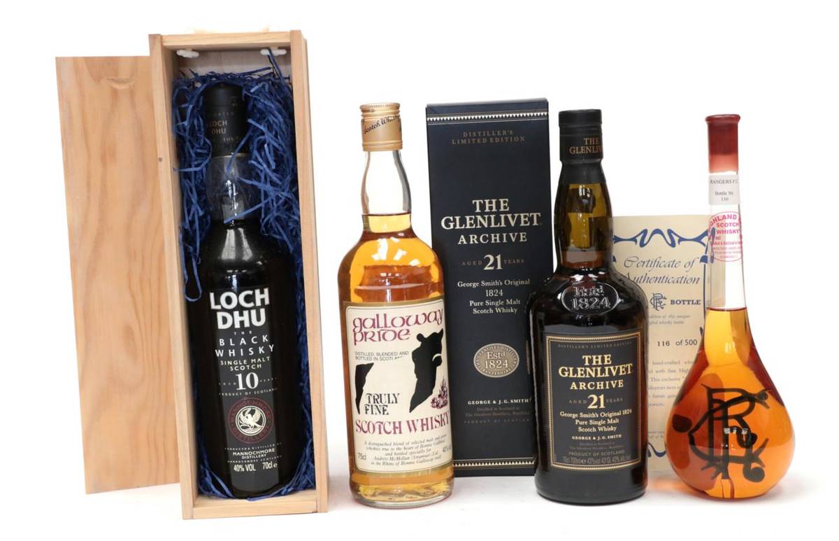 Lot 2155 - The Glenlivet Archive 21 Year Old Single Malt Whisky 43% 70cl, Loch Dhu The Black Whisky Ten...