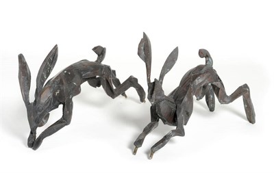 Lot 1850 - Sophie Dickens (b.1966): Bronze Study of Two Running Hares, each stamped SD 2004 and numbered 3/10