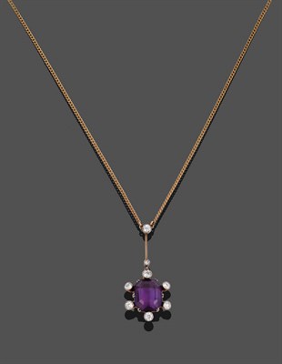 Lot 227 - An Amethyst and Diamond Necklace, the pendant drop comprised of an octagonal step cut amethyst with