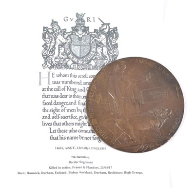 Lot 18 - A Memorial Plaque, awarded to LLEWELLYN ENGLISH, with a photocopy of the scroll which records...