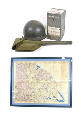 Lot 120 - A Second World War US Entrenching Tool, painted green, the blade stamped US/WOOD/1944, with...