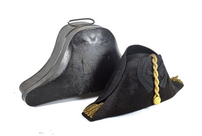 Lot 135 - An Early 20th Century Naval Black Silk Bicorn Hat, with black lace trim, petersham rosette and...
