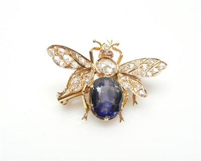 Lot 455A - A Bumblebee Brooch, an oval cut sapphire body with rose cut diamonds to the upper body and...