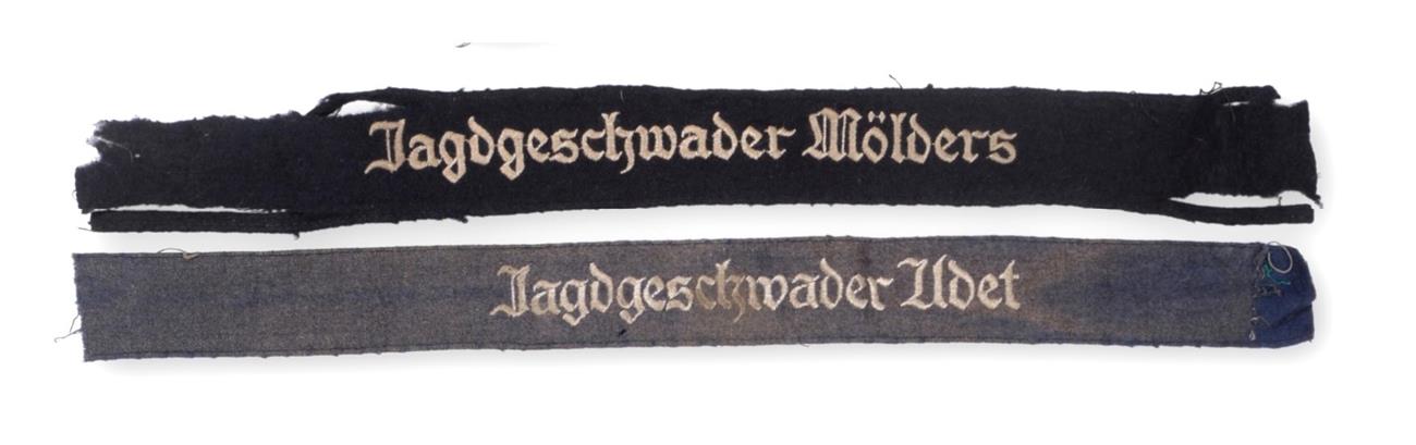 Lot 177 - Two German Third Reich Luftwaffe Cuff Titles:- 'Jagdgeschwader Udet', machine embroidered in silver
