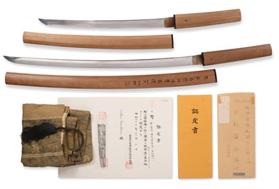 Lot 246 - A Japanese Shinto Daisho in Shirasaya, each with signed tang for Tamba No Kami Yoshimichi, the...