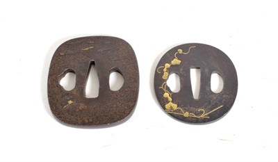 Lot 253 - Two Japanese Edo Period Iron Tsuba, one of Maru gata form, with shakudo decoration of a gourd vine