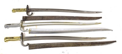 Lot 278 - Three French M1866 Chassepot Yataghan Sword Bayonets, one with chromed finish to the hilt,...