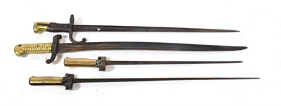 Lot 279 - Four French Bayonets:- a variation of an M1840 sabre bayonet, the back edge engraved Mre d'...