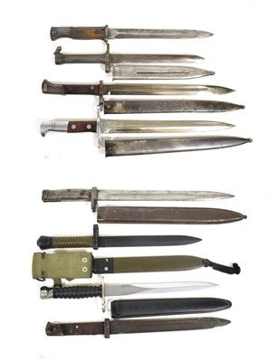 Lot 280 - Eight Various Bayonets, including Swiss Model M57, stamped F&W and numbered V414262, plastic...