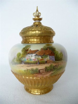Lot 17 - A Royal Worcester Porcelain Pot Pourri Vase and Pierced Cover, circa 1929, painted by Raymond...