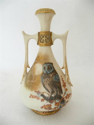 Lot 20 - A Royal Worcester Porcelain Conical Vase, late 19th century, with Persian style angular handles and