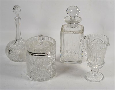 Lot 1 - An Edinburgh Crystal square cut glass decanter; a biscuit barrel; decanter and jug