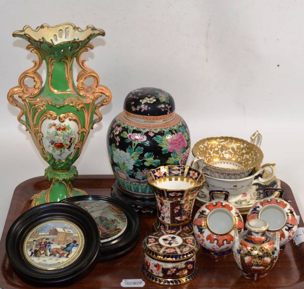 Lot 7 - A tray of Royal Crown Derby; two pot lids and sundries
