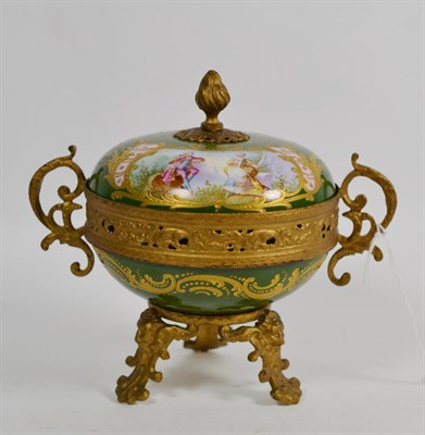 Lot 50 - A Sevres porcelain and gilt metal mounted lidded bowl, hand painted 18th century style panels,...