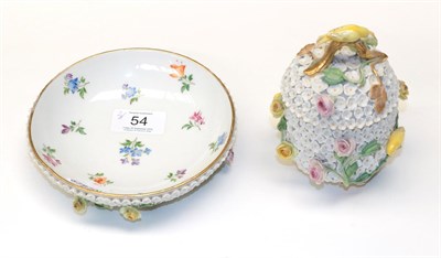 Lot 54 - Schneeballen cup, cover and saucer; together with two Continental porcelain boxes