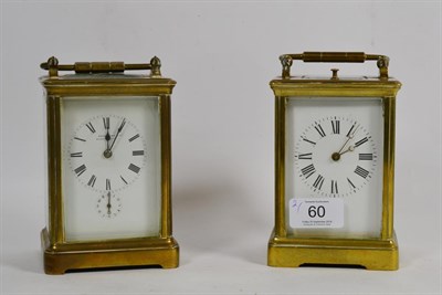 Lot 60 - A brass striking and repeating carriage clock; and a brass alarm carriage timepiece (2)