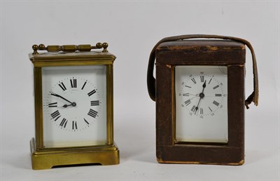Lot 78 - A brass carriage timepiece, circa 1900, and another brass carriage timepiece, with a platform...