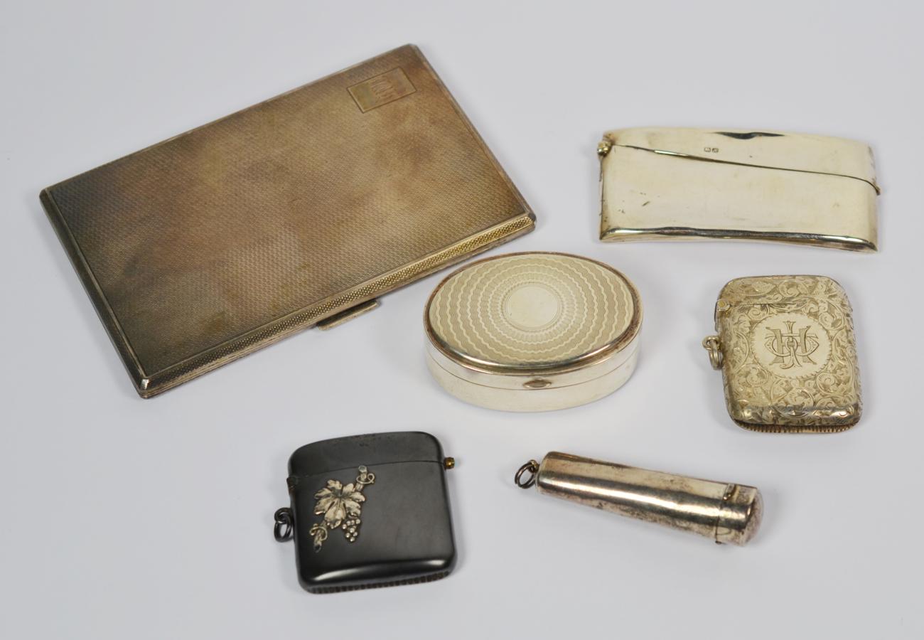 Lot 86 - A collection of silver boxes, comprising an engine turned cigarette box, a tapering box, an...