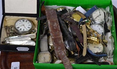Lot 90 - A silver pocket watch, four silver and mother-of-pearl pen knives, pocket watches and wristwatches