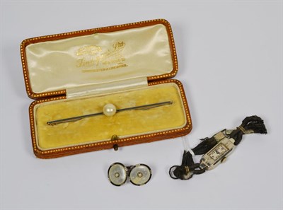 Lot 107 - An Art Deco lady's cocktail watch, stamped '14K SOLID GOLD' (a.f.); a pearl bar brooch, stamped...
