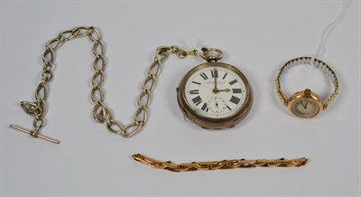 Lot 139 - A silver open faced pocket watch, with a curb link silver watch chain; and a lady's 9ct gold...