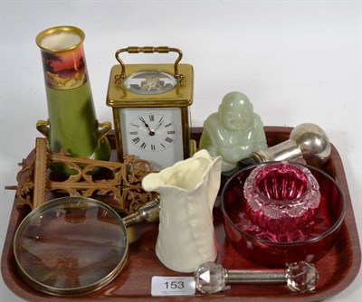 Lot 153 - A brass carriage timepiece, Royal Doulton vase, ebony and white metal magnifying glass, green...