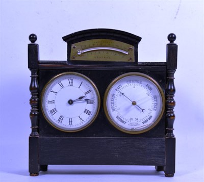 Lot 154 - A Victorian ebonised desk compendium, comprising timepiece, aneroid barometer and thermometer