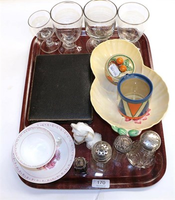 Lot 170 - A cased set of six silver tea spoons, silver pepper, silver topped glass dressing table...