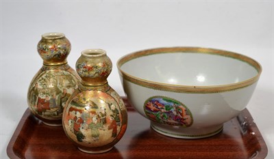 Lot 176 - Chinese famille rose porcelain circular bowl, and a pair of Japanese satsuma pottery vases (3)