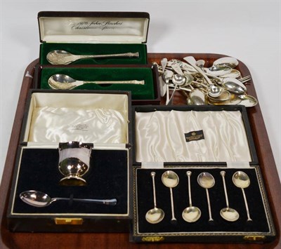 Lot 188 - A group of silver, including, a cased set of six Elizabeth II silver and enamel coffee-spoons,...