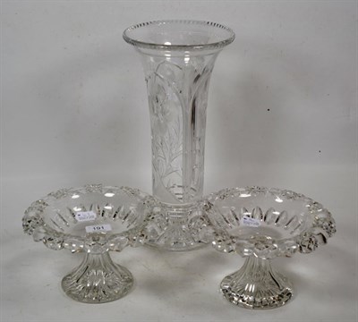 Lot 191 - A pair of cut glass pedestal bowls and a large cut glass vase (3)
