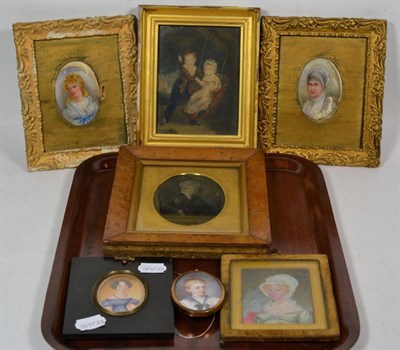 Lot 198 - British School 19th century, pair of portrait miniatures painted on glass, together with, three...