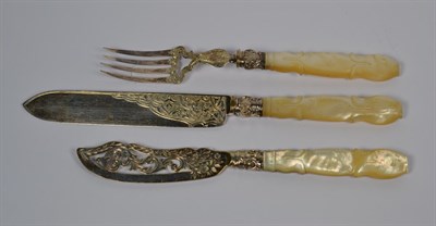 Lot 205 - Three Victorian silver serving pieces with mother-of-pearl handles, by George Unite,...