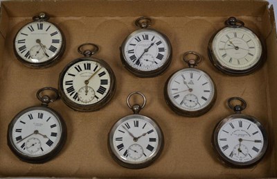 Lot 210 - A silver chronograph pocket watch, and seven other silver open faced pocket watches (8)