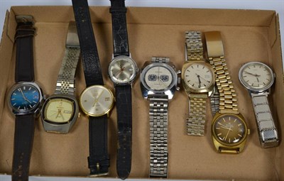 Lot 212 - A Exactima chronograph wristwatch, plated Bulova accutron electronic wristwatch, three Timex...