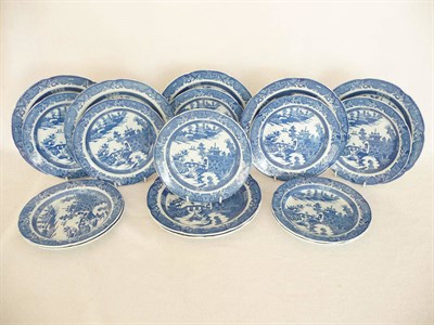 Lot 45 - A Set of Seven Leeds Pottery Pearlware Plates, circa 1790-1800, printed in underglaze blue with...