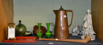 Lot 217 - An Arts and Crafts copper jug and cover, a tribal club, rattle and figure, a carriage...