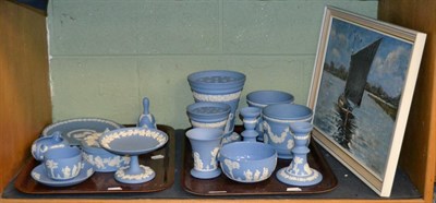 Lot 218 - A collection of Wedgwood blue Jasper ware, and 1970 oil of a boat, signed B L Cotes