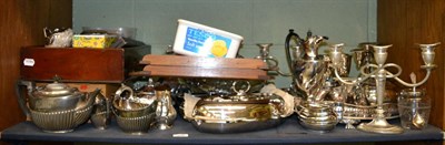 Lot 238 - A collection of silver-plated wares, including a gallery tray, candelabra, tea wares