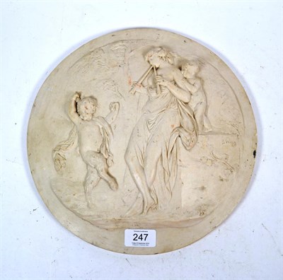 Lot 247 - A cast marble plaque decorated in relief with classical figures, signed B W '79, inset verso with a