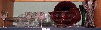 Lot 250 - A set of four J G Durand, stemmed glasses, a cranberry tinted glass tazza, together with...