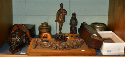 Lot 254 - Treen to include an art and crafts oak pipe rack, a turned fruit wood tobacco jar and cover, a...