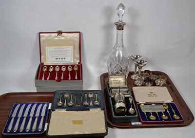 Lot 307 - A collection of assorted silver, including a silver-mounted cut-glass decanter, various cased...