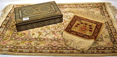 Lot 319 - Hereki silk prayer rug, the field with urns issuing flowers within floral borders; another...