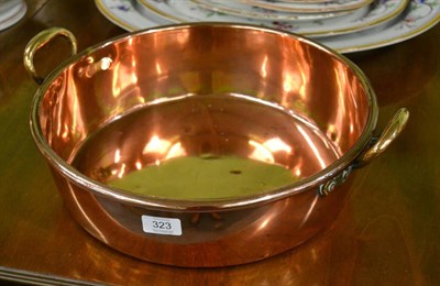 Lot 323 - Copper two-handled circular pan, stamped, Harrods Ltd