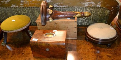 Lot 329 - A 19th century sewing box, two stools, a wall bracket, and a pine box